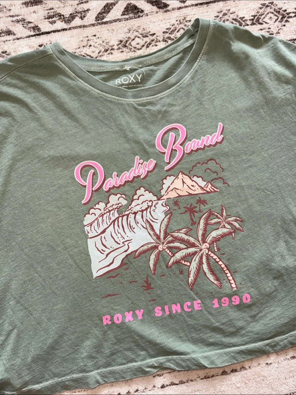 Roxy Sage Green Crop Tee with Pink Surf Graphic